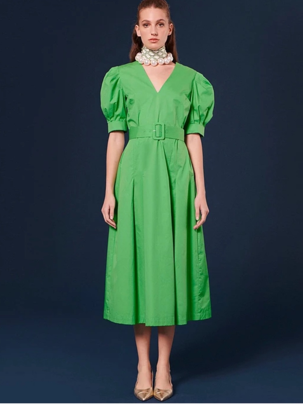 Tara Jarmon Paris Ranya Poplin V-Neck Short Balloon Sleeve Belted Midi Dress